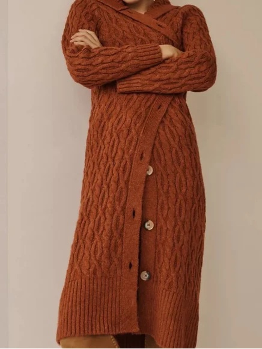 Anthropologie Rust Cable-Knit Hooded Cardigan